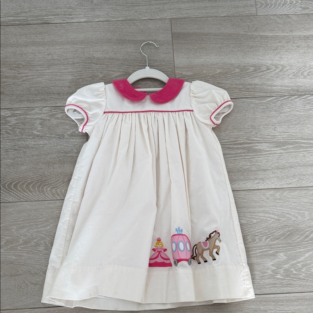 Girls' Corduroy Cream Dress with Pink Collar and Embroidery